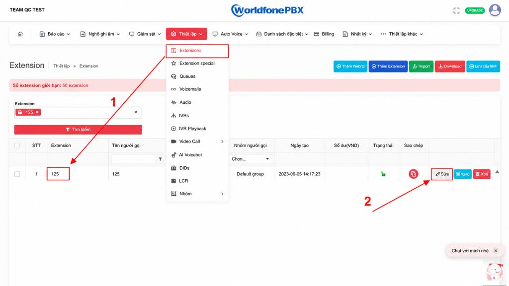 Xem thông tin tài khoản Worldfone4Biz trên đài PBX bước 1