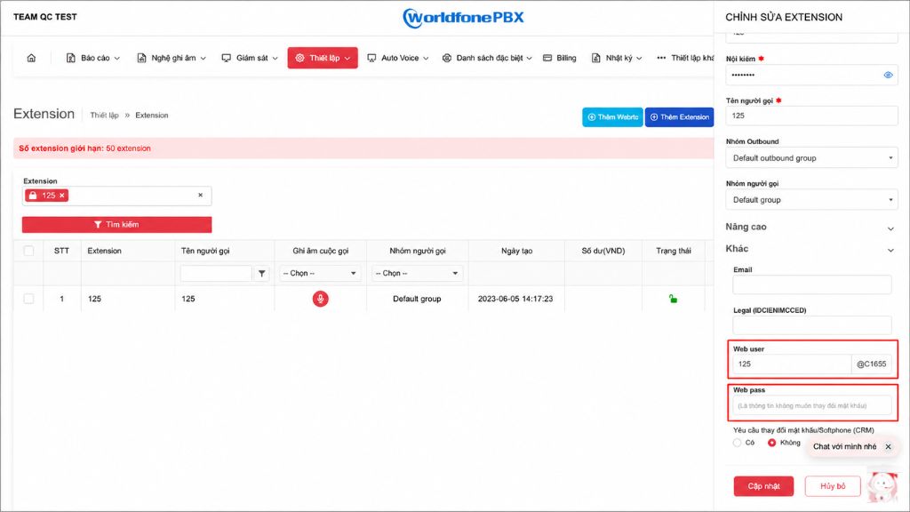 Xem thông tin tài khoản Worldfone4Biz trên đài PBX bước 2