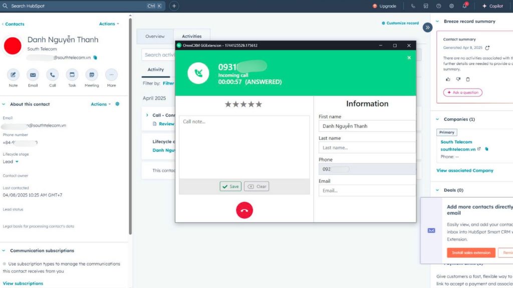 Popup hiển thị thông tin khách hàng ngay khi có cuộc gọi đến 