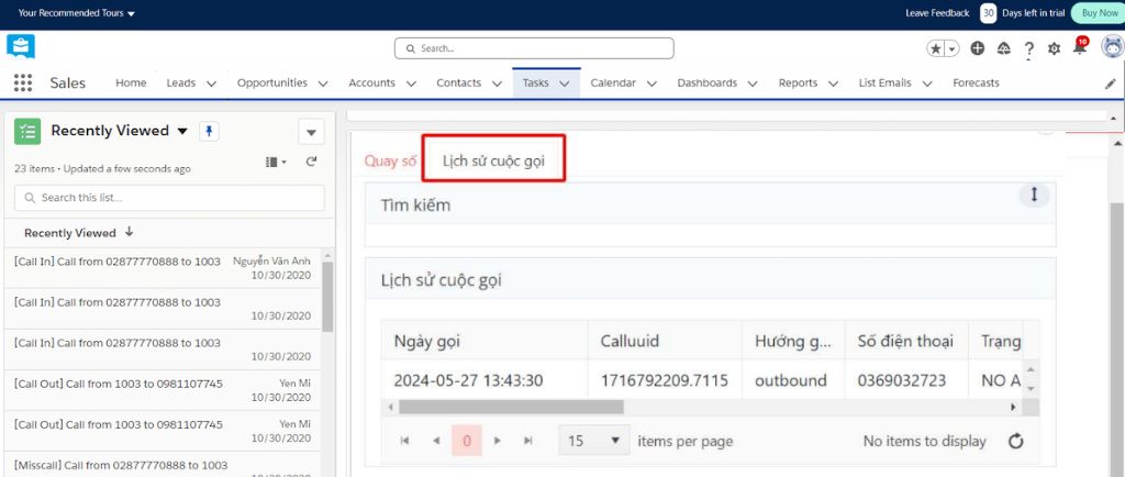 Thống kê lịch sử cuộc gọi 