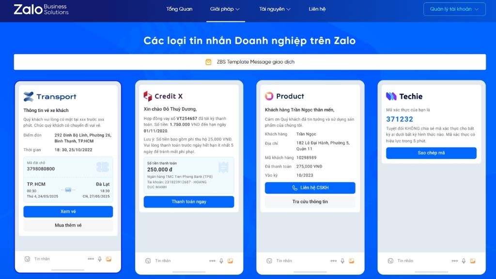 ZBS Template Message giao dịch 
