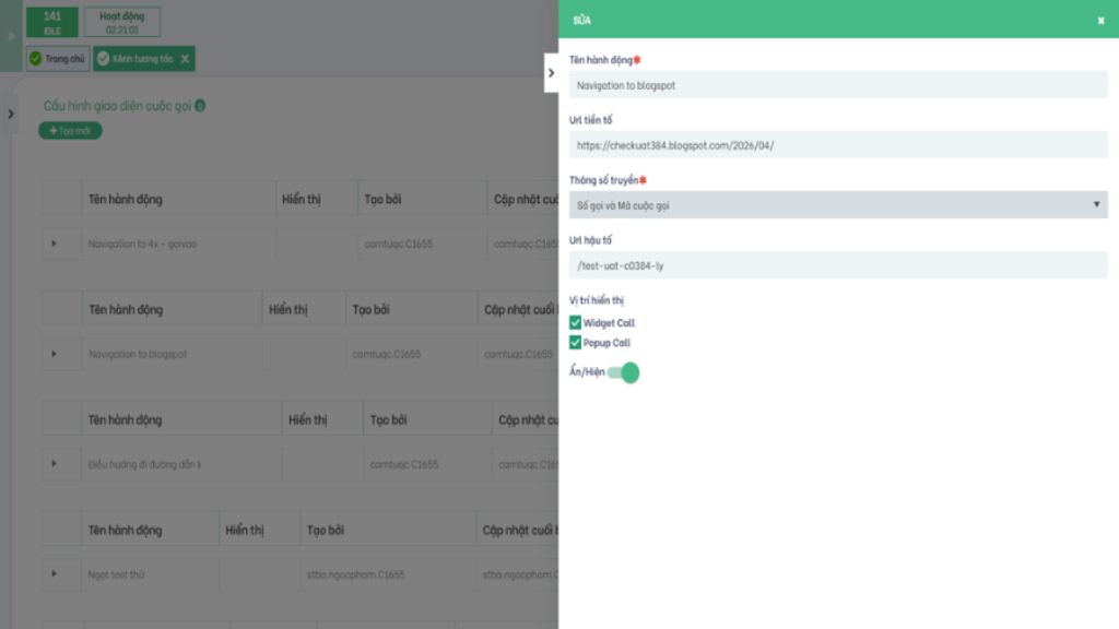 Thêm button Widget Call trên popup cấu hình giao diện cuộc gọi