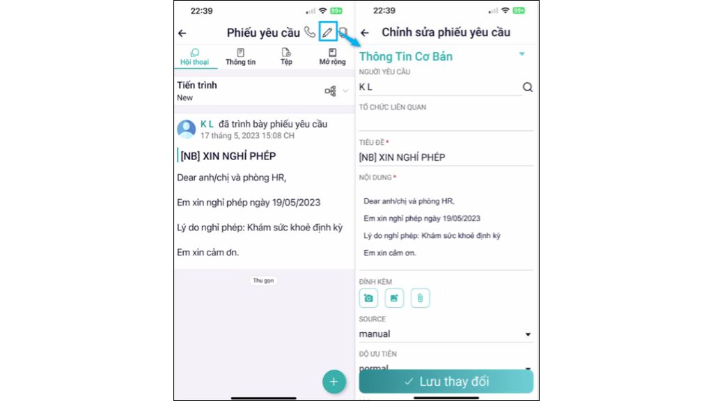 Hướng dẫn sử dụng OmniCXM - Worldfone4X Mobile chỉnh sửa ticket